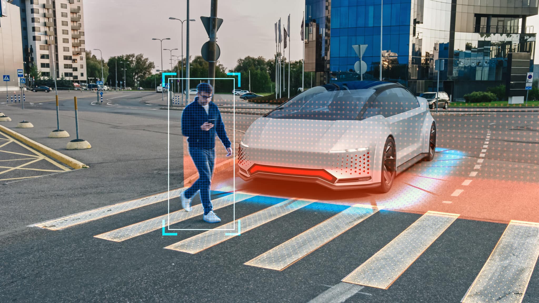 Self-Driving 3D Car Concept: Person Steps on a Crosswalk, Autono, autonomous driving car
